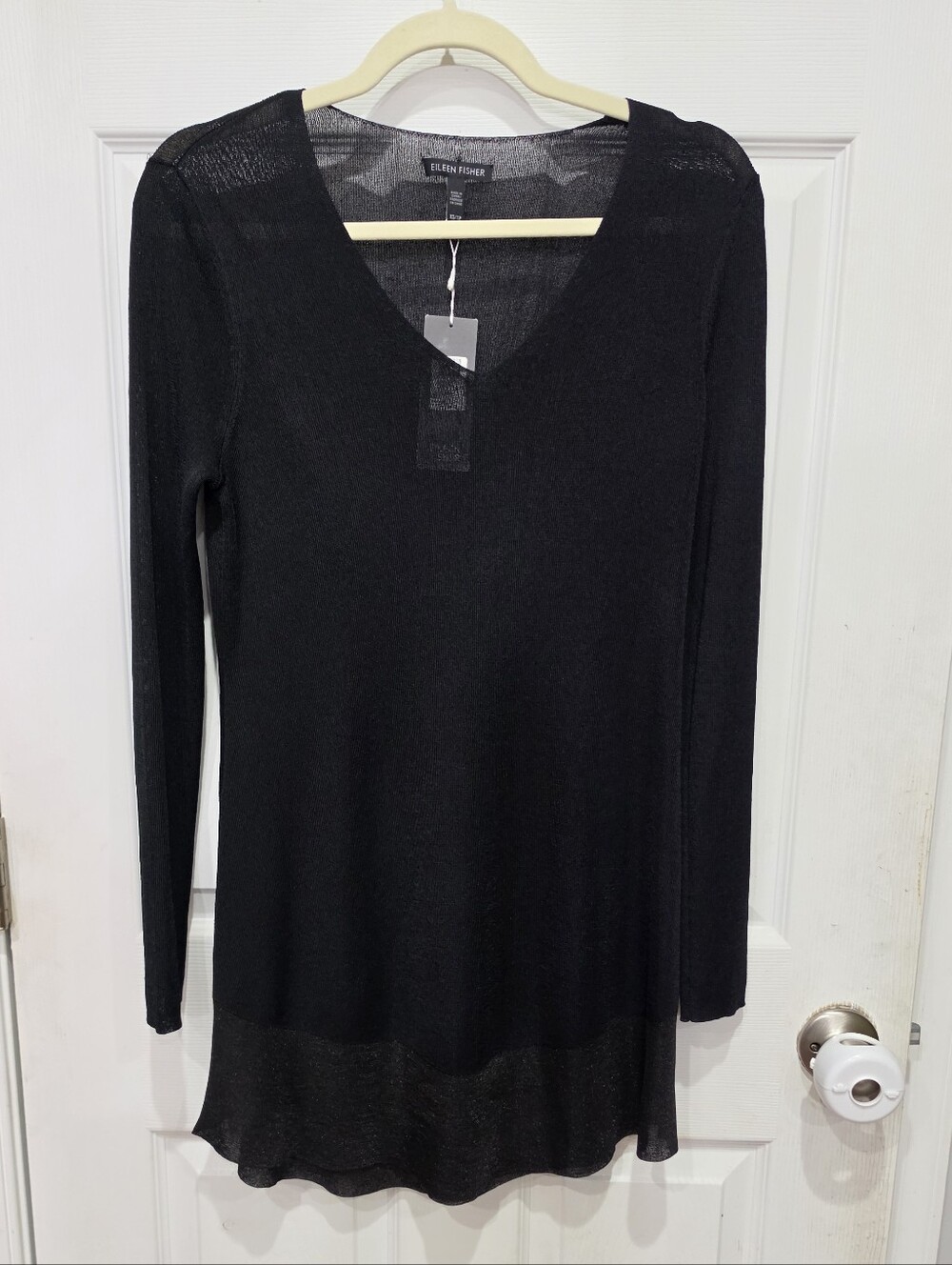 Eileen Fisher Black Rayon Nylon Crinkle Shimmer V-Neck Tunic Sweater Size XS NWT